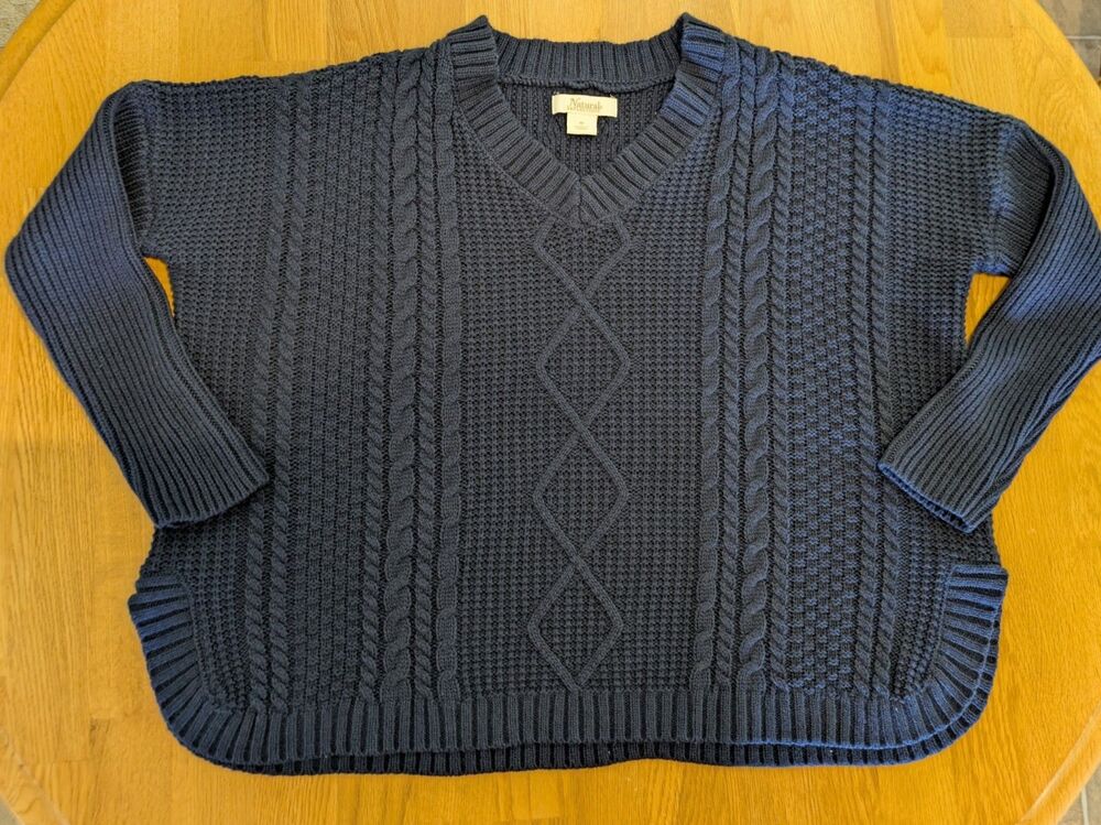 Natural Relections Navy Cable Knit V-neck Sweater Size M Loose Fitting Pullover